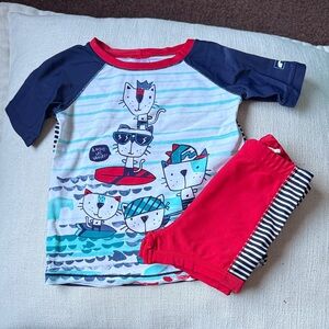 Kids Cat Print Swim Coverup Set - Red and Blue